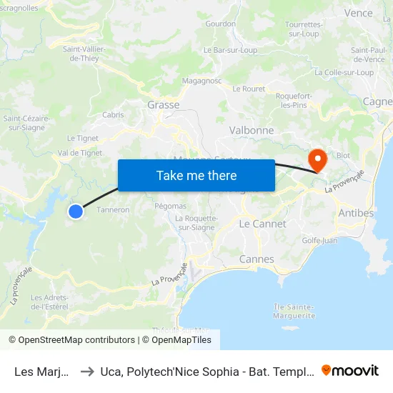 Les Marjoris to Uca, Polytech'Nice Sophia - Bat. Templiers 1 map