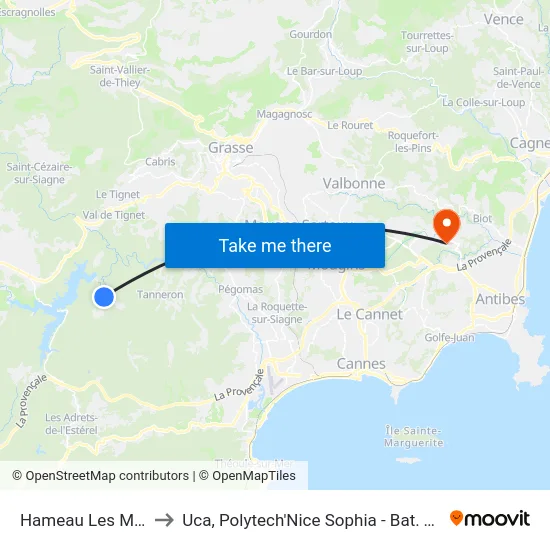 Hameau Les Marjoris to Uca, Polytech'Nice Sophia - Bat. Templiers 1 map