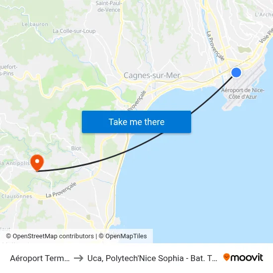 Aéroport Terminal 1 to Uca, Polytech'Nice Sophia - Bat. Templiers 1 map