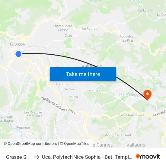Grasse Sncf to Uca, Polytech'Nice Sophia - Bat. Templiers 1 map