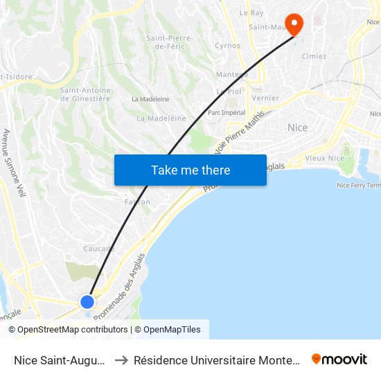 Nice Saint-Augustin to Résidence Universitaire Montebello map