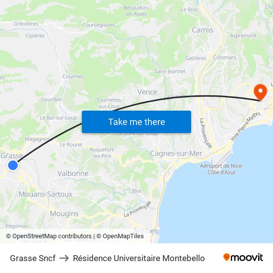 Grasse Sncf to Résidence Universitaire Montebello map