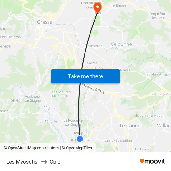 Les Myosotis to Opio map