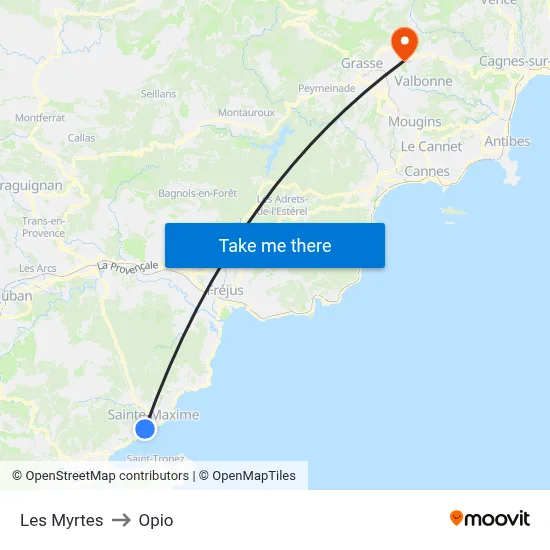 Les Myrtes to Opio map