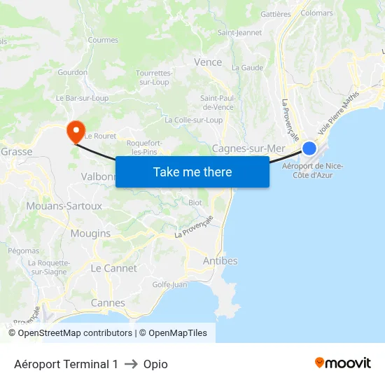Aéroport Terminal 1 to Opio map