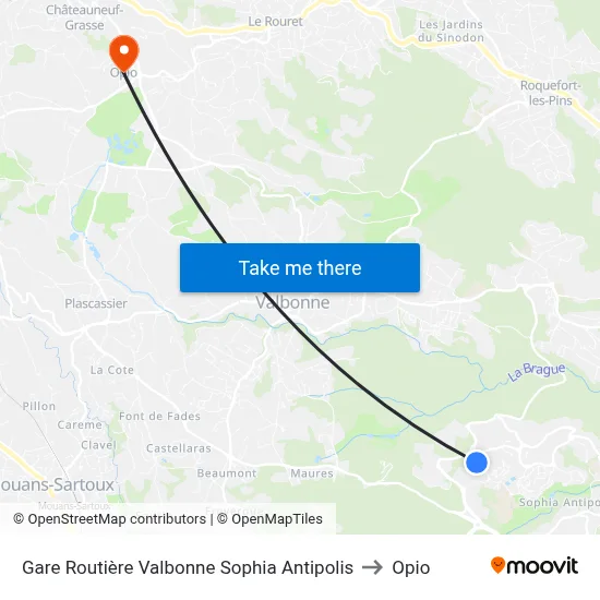 Gare Routière Valbonne Sophia Antipolis to Opio map