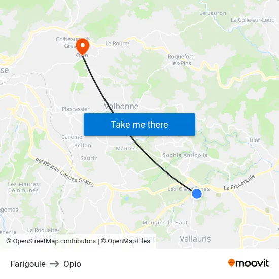 Farigoule to Opio map