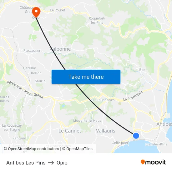 Antibes Les Pins to Opio map