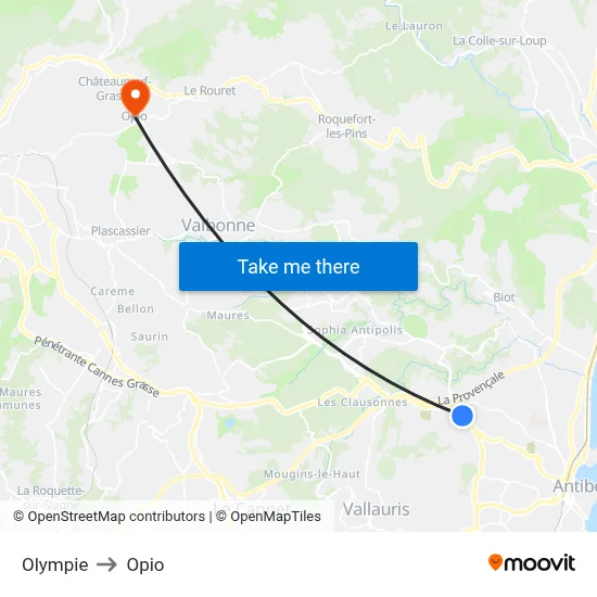 Olympie to Opio map