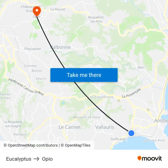 Eucalyptus to Opio map