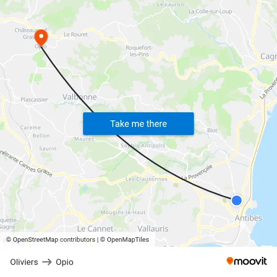 Oliviers to Opio map