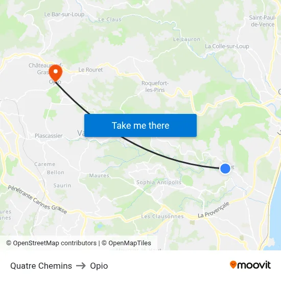 Quatre Chemins to Opio map