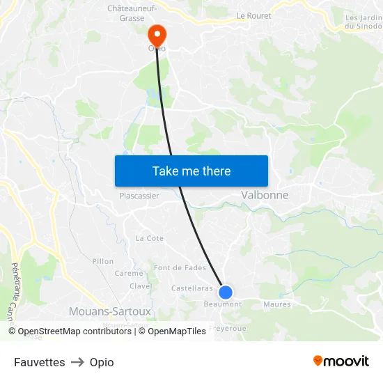 Fauvettes to Opio map
