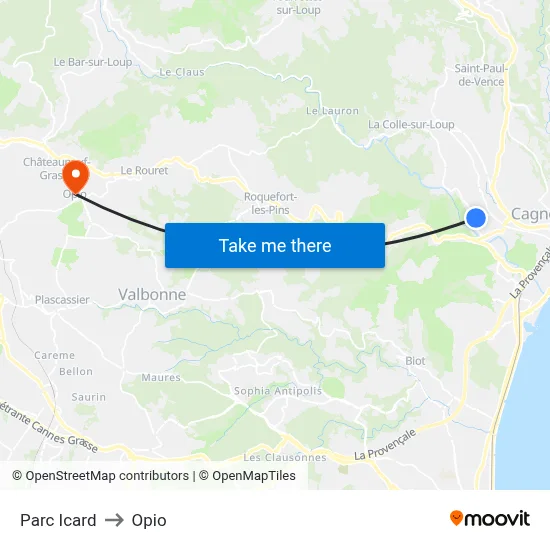 Parc Icard to Opio map