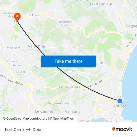 Fort Carre to Opio map