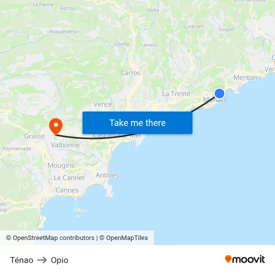 Ténao to Opio map