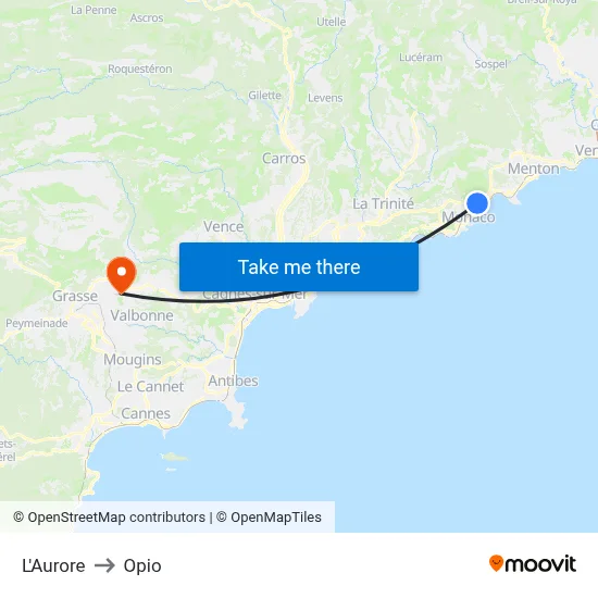 L'Aurore to Opio map