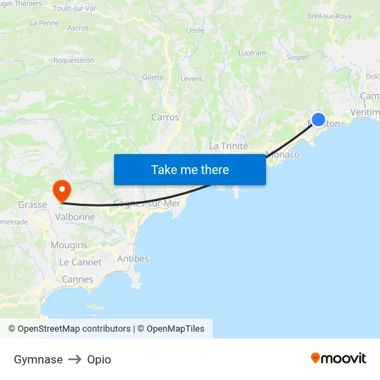 Gymnase to Opio map