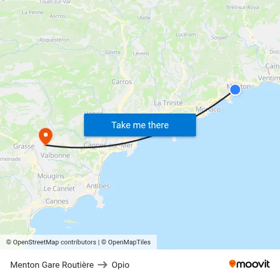 Menton Gare Routière to Opio map