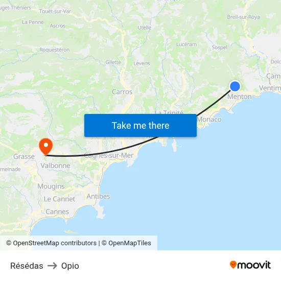 Résédas to Opio map
