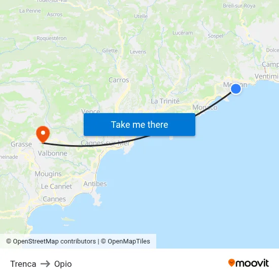Trenca to Opio map