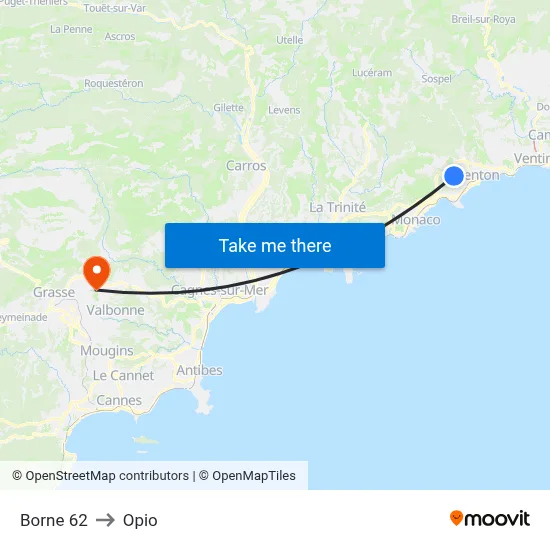 Borne 62 to Opio map