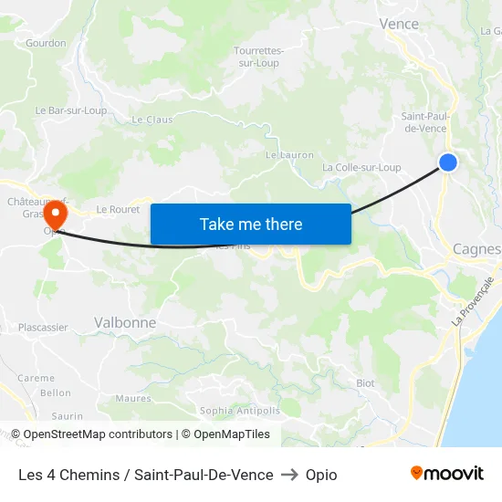 Les 4 Chemins / Saint-Paul-De-Vence to Opio map