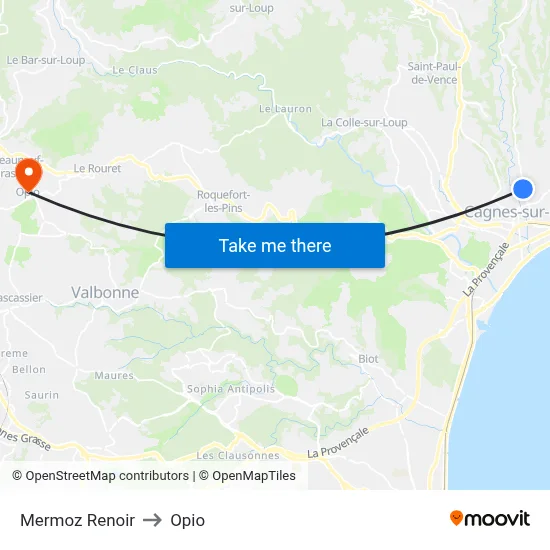 Mermoz Renoir to Opio map