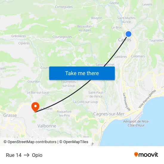 Rue 14 to Opio map