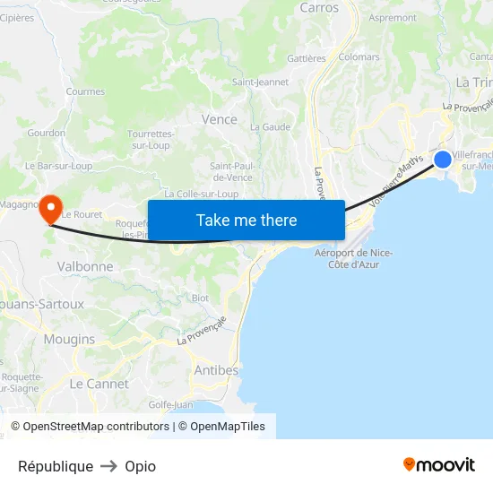 République to Opio map