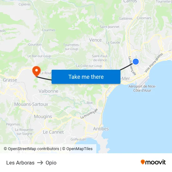 Les Arboras to Opio map