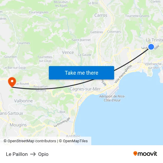 Le Paillon to Opio map