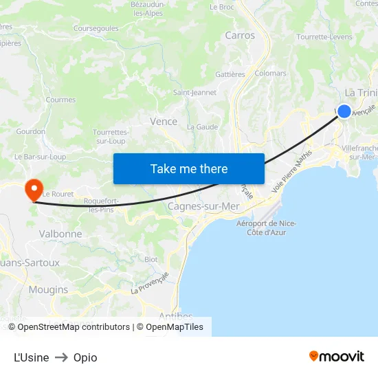 L'Usine to Opio map
