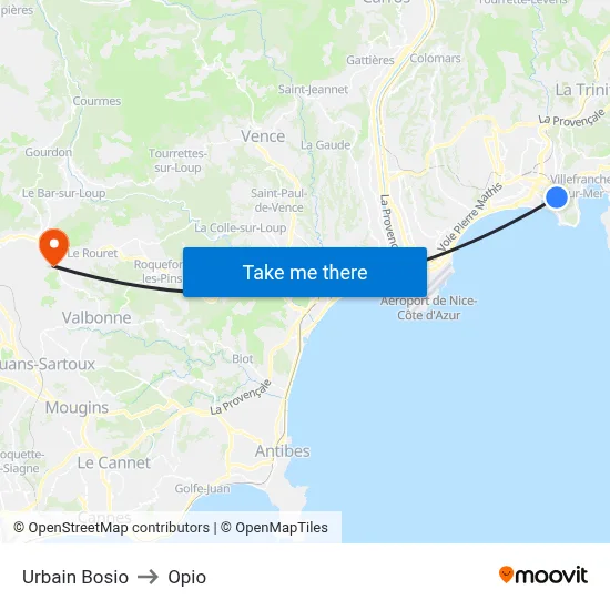 Urbain Bosio to Opio map
