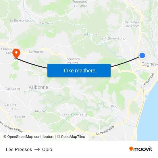 Les Presses to Opio map