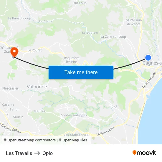 Les Travails to Opio map