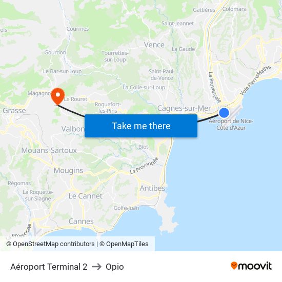 Aéroport Terminal 2 to Opio map