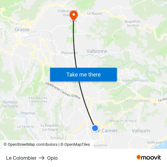 Le Colombier to Opio map