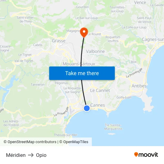 Méridien to Opio map