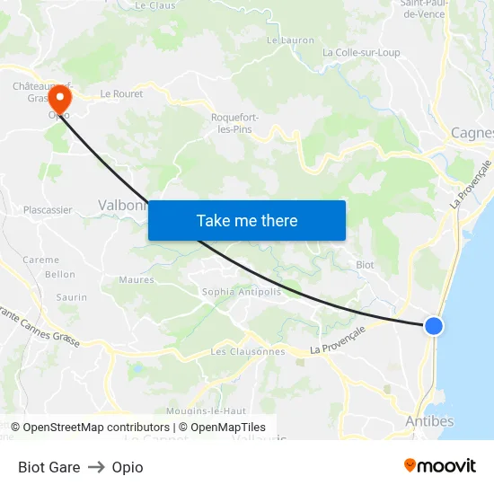 Biot Gare to Opio map