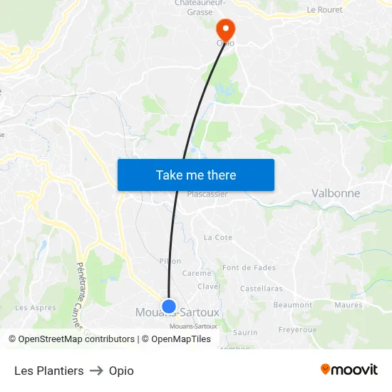 Les Plantiers to Opio map