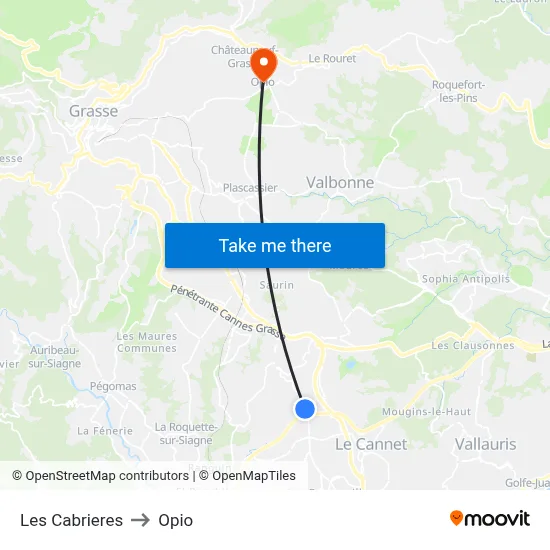 Les Cabrieres to Opio map