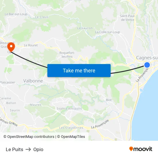 Le Puits to Opio map