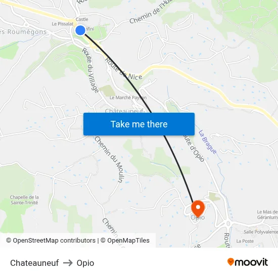 Chateauneuf to Opio map