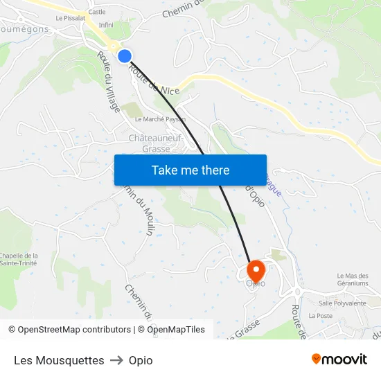 Les Mousquettes to Opio map