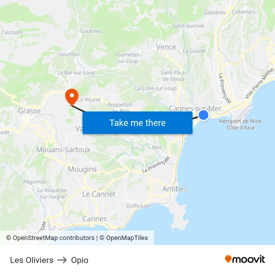Les Oliviers to Opio map