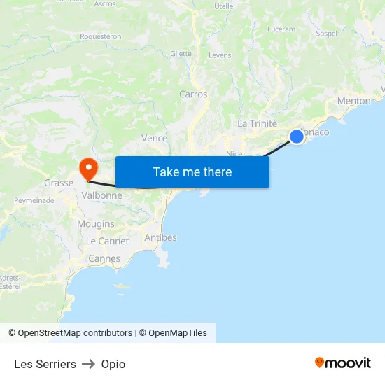 Les Serriers to Opio map