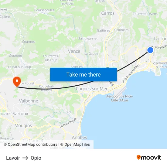 Lavoir to Opio map