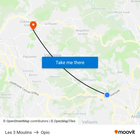 Les 3 Moulins to Opio map