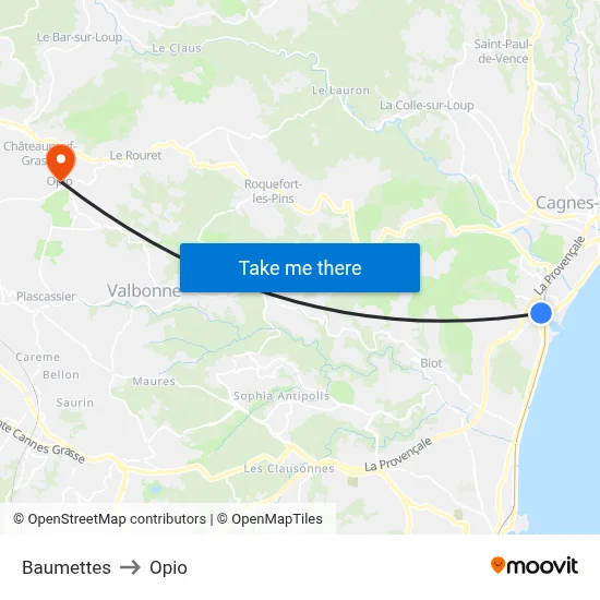 Baumettes to Opio map